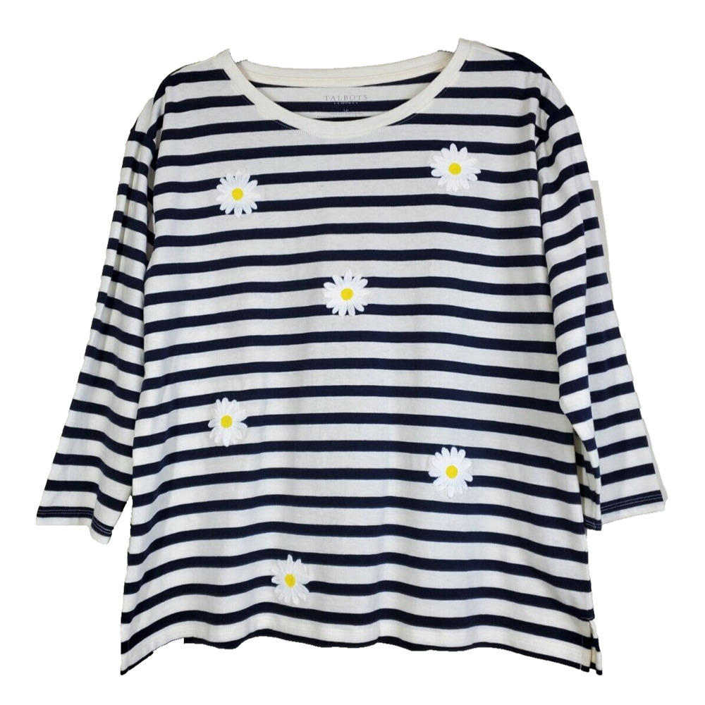 Talbots Top Womens Large Petite French‎ Striped Blue White Embroidered Flowers